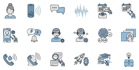 A collection of modern communication icons, featuring telephony, data processing, and technological advancement symbols for digital media and infographics.