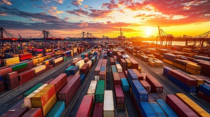 A bustling container yard at sunset with colorful containers and cranes in the background.