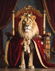 Lion wearing a golden crown and velvet royal cloak, sitting on a throne