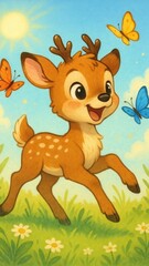 Obraz premium Joyful deer with colorful butterflies.