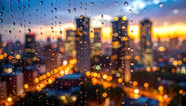 City skyline at sunset viewed through rainy window droplets, with blurred colorful lights creating a vibrant urban atmosphere.