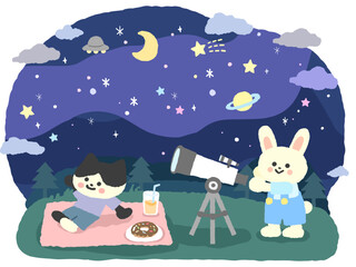 天体観測をするうさぎと猫たち