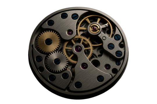 Macro View of Intricate Mechanical Watch Movement with Brass Gears and Jewels isolated on Transparent Background