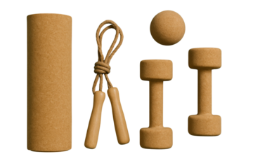 Set of cork fitness equipment isolated on white background