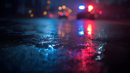 Police lights reflecting on wet pavement at night, creating a vivid urban atmosphere.