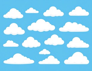 Cartoon clouds in various shapes against a light blue sky