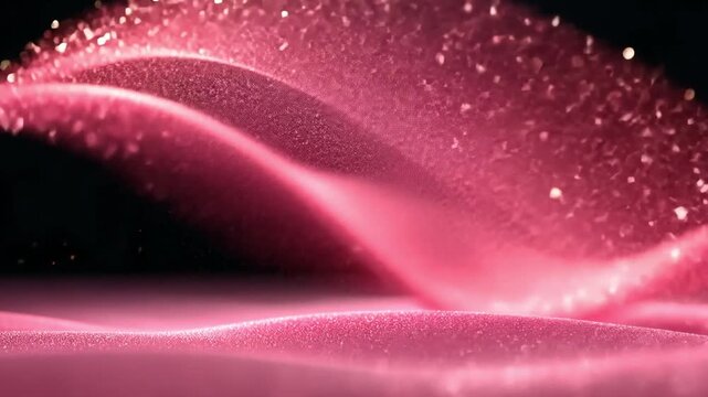 Mesmerizing wave of pink glitter flows gracefully, shimmering particles catch light, creating enchanting atmosphere of elegance and beauty with magical flowing textures.