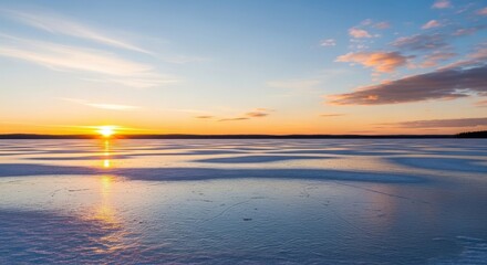Obraz premium Golden sunset over frozen lake with ice patterns and vibrant sky, winter landscape, nature background, tranquil scene isolated PNG with Transparent Background
