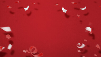 Red and white confetti ribbon on a red background. Concept of Indonesian Independence Day or...