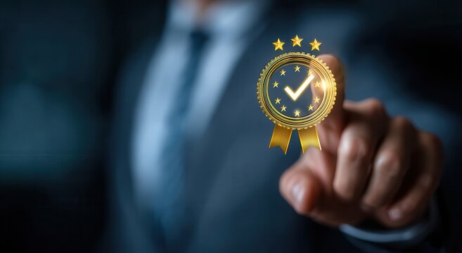 Businessman touching a virtual award ribbon with a checkmark and stars icon on a transparent screen, representing quality and high performance. The image features a white and.