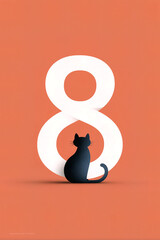 Minimalist white numeral 8 on coral background with a dark cat silhouette seated inside the lower loop for International Cat Day.