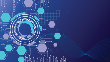 Abstract blue and purple tech background with a prominent circle element and hexagon shapes, leaving space for text.