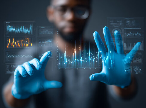 Black man wearing blue gloves is presenting data through virtual screens and touch points