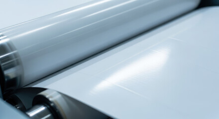 Fototapeta premium Close up of industrial plastic film production process on modern machine roller, smooth transparent sheet manufacturing, polymer processing technology