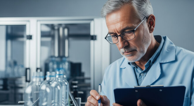 focused senior male scientist in laboratory coat analyzing research data on clipboard in modern lab with plastic bottles and advanced equipment