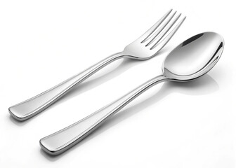 Shiny stainless steel fork, spoon, and knife cutlery set isolated on white for dining