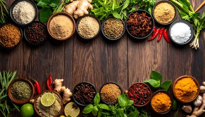 Flat lay of colorful Thai herbs and spices in wooden bowls, featuring fresh ingredients on rustic wood. Natural, organic, and culinary concept.