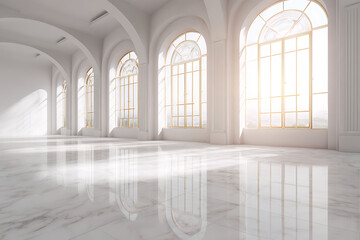 Bright and airy grand hall with arched windows and marble floors reflecting sunlight and architectural elegance