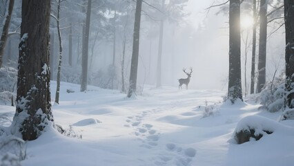 Naklejka premium A serene winter forest scene with a deer standing amidst snow-covered trees and soft sunlight filtering through the mist.