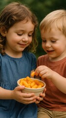 Children sharing cheese puffs outdoors.