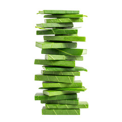Tall stack of green leaves and leaf pieces on transparent background