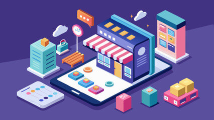 Obraz premium Isometric illustration of an online store on a tablet with buildings and boxes on a purple background