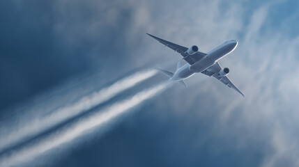 Obraz premium Commercial airliner ascends through a cloudy blue sky, viewed from the wingtip with visible vapor trails.