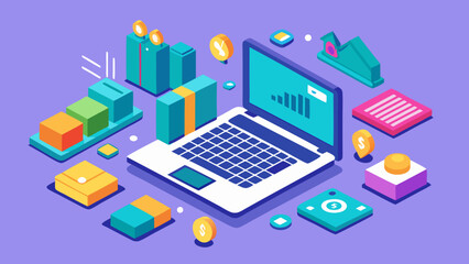 Isometric illustration of a laptop with financial charts and money on a purple background