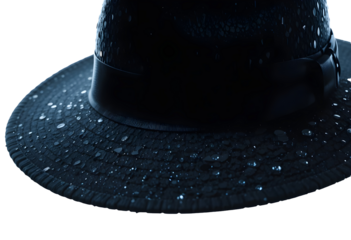 Mysterious Hat in Rain with Water Droplets. Dramatic, moody, and intriguing for noir themes, suspense concepts, and atmospheric designs.