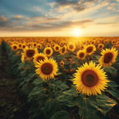 Fototapeta premium Beautiful sunflower field at golden hour