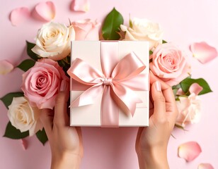 Hands holding a gift box amongst roses