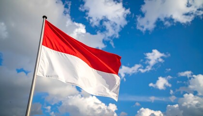 Indonesian flag waving in the wind against a bright blue sky with clouds. Symbol of pride, patriotism, and national spirit.