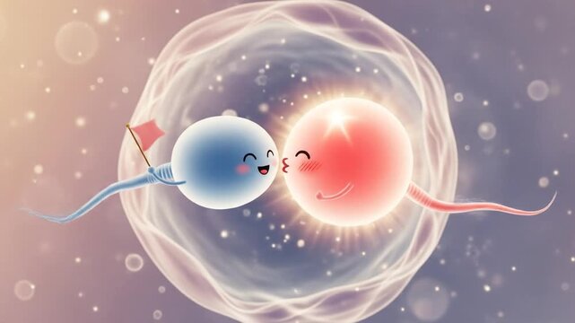 Fertilization bliss: A charming illustration depicts a sperm and egg in a heartwarming embrace. conveying the joy of conception and the creation of life.