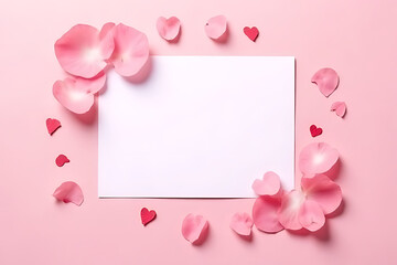 Pink rose petals and red hearts frame a blank white paper on a soft pink background for a romantic Valentine's Day concept