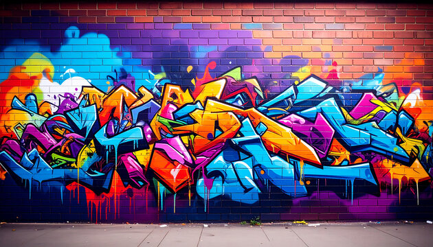 Vibrant street art graffiti mural displaying abstract designs on a brick wall surface - Powered by Adobe