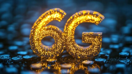 Golden 6G illuminated on dark reflective surface