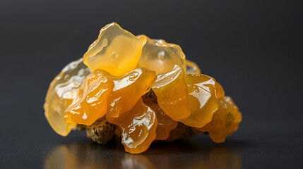 Aerial cannabis resin, THC wax rosin.  Gray backdrop.