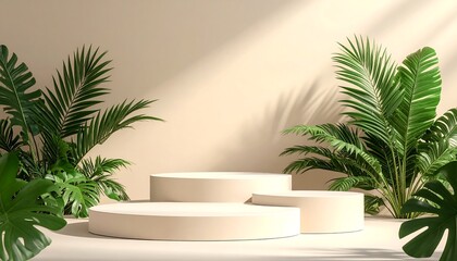 Beige podiums surrounded by tropical plants