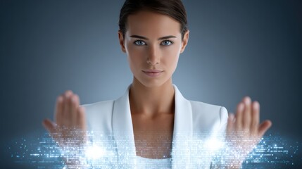 A focused woman in a white blazer interacts with a futuristic digital interface displaying glowing data and holographic elements.