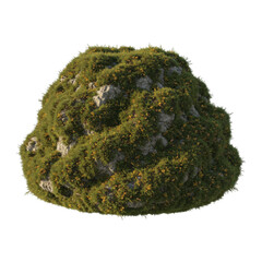 Round rock covered in green moss and small yellow flowers isolated on transparent background