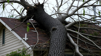 Tree trunk and branches crash through the roof of a house in the aftermath of a severe storm