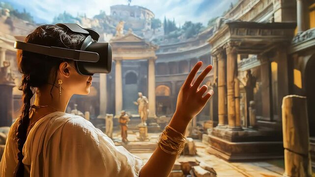 A woman engages with virtual reality in ancient ruins.