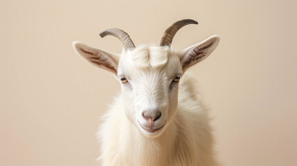 Obraz premium Close-up portrait of a white domestic goat with neutral background and curved horns