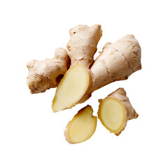 Freshly cut ginger root with visible fibrous texture and bright yellow flesh isolated on transparent background