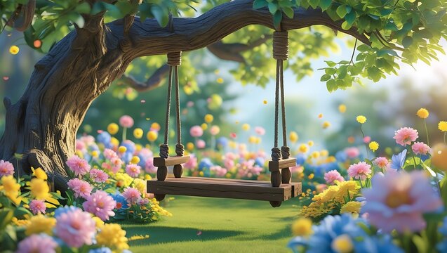 Wooden swing hanging from a tree branch in a vibrant flower garden, perfect for peaceful moments