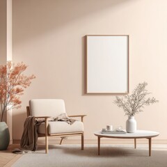Minimalist, beige living room with framed art