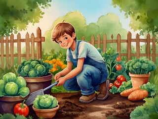 Cute cartoon boy gardening with a shovel and vegetables in watercolor style. Cartoon character illustration.