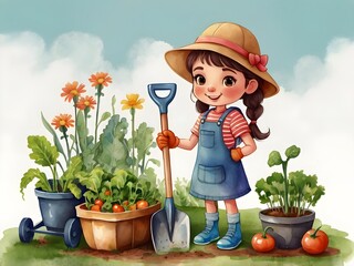 Cute cartoon girl gardening with a shovel and vegetables in watercolor style. Cartoon character illustration.