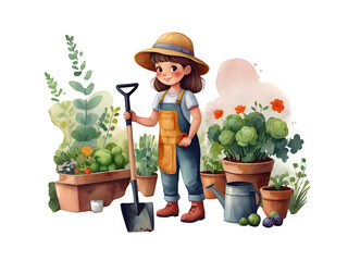 Cute cartoon girl gardening with a shovel and vegetables in watercolor style. Cartoon character illustration.