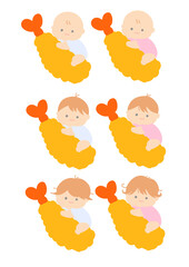 Baby riding on fried shrimp 